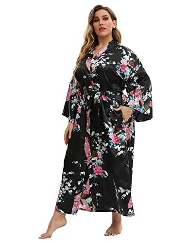 feslieacc Langer Damen-Bademantel aus Satin, Übergröße, lang, mit Pfauenmuster, Kimonos, Nachtwäsche, Morgenmantel, Pfau, Schwarz, 4XL/5XL von feslieacc