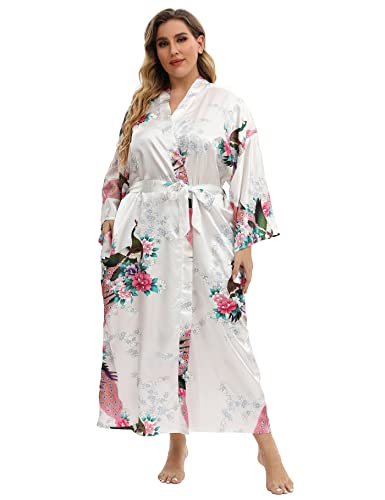feslieacc Langer Damen-Bademantel aus Satin, Übergröße, lang, mit Pfauenmuster, Kimonos, Nachtwäsche, Morgenmantel, Pfau, Weiß, 4XL/5XL feslieacc Langer Damen-Bademantel aus Satin, Übergröße, lang, mit Pfauenmuster, Kimonos, Nachtwäsche, Morgenmantel, Pfau, Weiß, 4XL/5XL von feslieacc