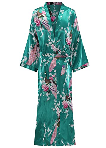feslieacc Langer Damen-Bademantel aus Satin, Übergröße, lang, mit Pfauenmuster, Kimonos, Nachtwäsche, Morgenmantel, Pfau, Grün, 4XL/5XL von feslieacc
