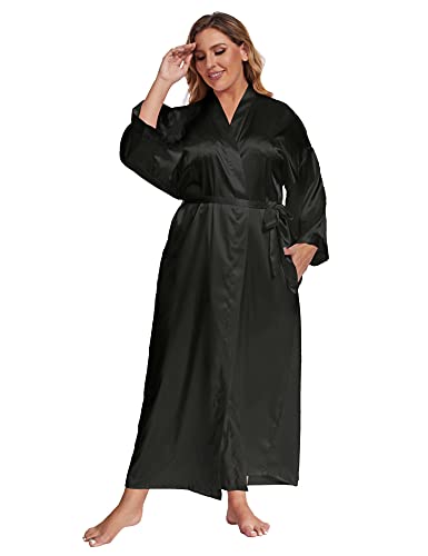 feslieacc Damen-Bademantel, Übergröße, lang, Satin, Übergröße, lang, Seidenmantel, Kimonos, Nachtwäsche, Morgenmantel, Schwarz, XXL/3XL von feslieacc