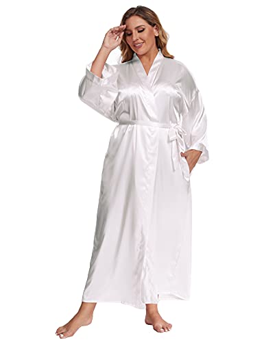 feslieacc Damen-Bademantel, Übergröße, lang, Satin, Übergröße, lang, Seidenmantel, Kimonos, Nachtwäsche, Morgenmantel, Weiss/opulenter Garten, 4XL/5XL von feslieacc