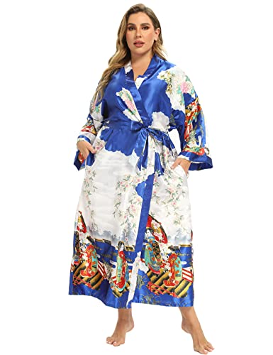 feslieacc Langer Damen-Bademantel aus Satin, Übergröße, lang, mit Pfauenmuster, Kimonos, Nachtwäsche, Morgenmantel, Muster: Königsblau, XXL/3XL von feslieacc