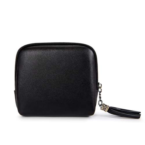 Münzgeldbörse, echtes Leder, Münztasche mit Umhängeband, tragbare Mini-Geldbörse für Kleingeld, kleine Kleingeldtasche mit Reißverschluss, Schaffell, schwarz, Modern von fesoklaf