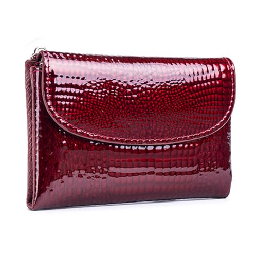 fesoklaf Münzgeldbörse, Echtes Leder, Dreifach Gefaltet, Krokodilleder-Textur, Geldbeutel, Mini-Geldbörse, Schlankes Kleingeldfach mit Reißverschluss, Dunkelrot, Modern für Damen von fesoklaf