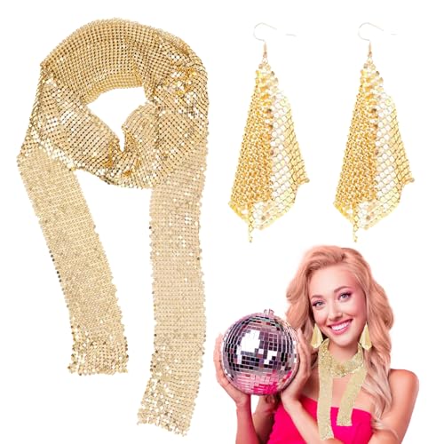 feveo Disco-Party-Kostümzubehör,70er-Disco-Zubehör | Lange Tropfenohrringe mit glitzerndem Schal und Quasten-Pailletten - 70er-Jahre-Accessoires für Damen, Party-Outfit für Festivals von feveo