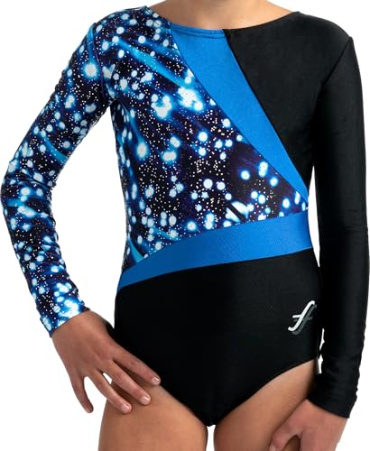 ff FISCHER Turnanzug Mädchen langarm Nela Glitzereinsatz, Gymnastikanzug Damen Turnanzug 8229, Größe: 152, Farbe: schwarz-blau-blau von ff FISCHER