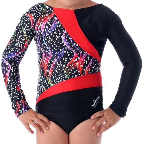 ff FISCHER Turnanzug Mädchen langarm Nela Glitzereinsatz, Gymnastikanzug Damen Turnanzug 8229, Größe: 152, Farbe: schwarz-rot-bunt von ff FISCHER