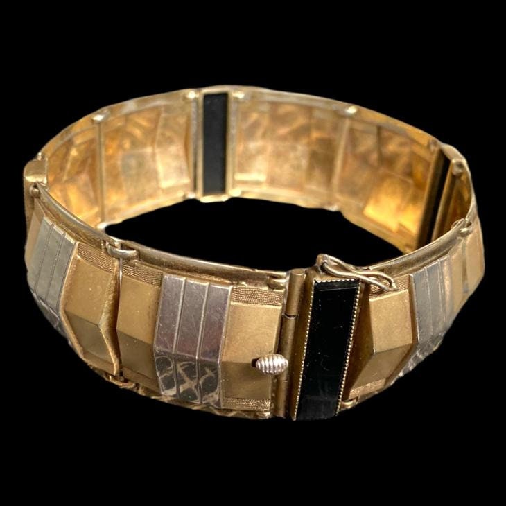 Vintage Antik Art Deco Czechoslovakian Schwarz Glas Qualität Metall Glieder Armband Vintage Antik Art Deco Czechoslovakian Schwarz Glas Qualität Metall Glieder Armband von fffPrague