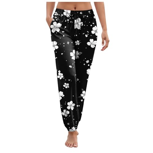 ffkoisE Damen Freizeithose Pant Lange Haremshose Schlupfhose Boho Strandhose Leicht Freizeithose Blumenmuster Sommerhose Frauen Hose Stoffhose mit Taschen Jogginghose Yogahose von ffkoisE