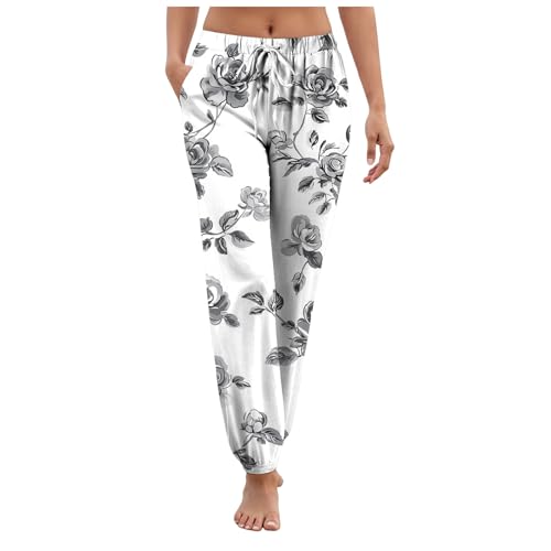 ffkoisE Jogginghosen Damen Pant Lange Haremshose Schlupfhose Boho Strandhose Leicht Freizeithose Blumenmuster Sommerhose Frauen Hose Stoffhose mit Taschen Jogginghose Yogahose von ffkoisE