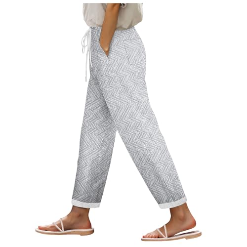 ffkoisE unsere Marken 7/8 Leinenhose Damen Sommer Leicht Sporthose Baumwolle Leinen Stoffhose Lockere Sommerhose Lässig Strandhose mit Taschen Freizeithose Elegant Haremshose für Frauen von ffkoisE