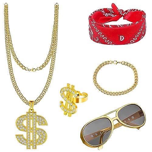 fidget pack 80er Jahre Outfit Herren 5 StüCk Dollar Kette Set, ZuhäLter KostüM, 80er/90er Rapper Accessoires, Dollar-Halskette/Dollar Ring/Goldenes Armband/Schal/Brille Mit Goldrahmen von fidget pack