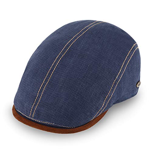 fiebig Brighton Flatcap aus Leinen | Schirmmütze mit Baumwollfutter | Schiebermütze mit Kontrastnähten (55-S, Jeansblau) von fiebig
