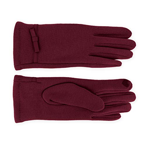 fiebig Handschuhe aus Jersey mit Schleife & Zierband | Teddy Fleece Innenfutter & Touchfunktion | leichter & warmer Damen Thermo Handschuh (M, Bordeaux) von fiebig