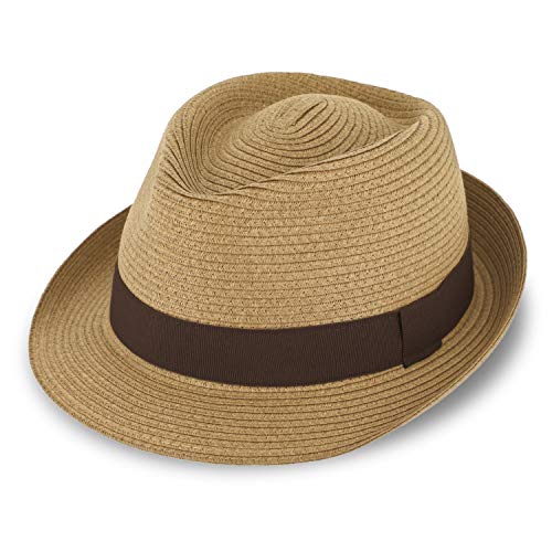 fiebig Jackson Trilby Papierhut mit farbigem Ripsband | Sonnenhut aus 100% Papier | Natur Sommerhut (55-S, Camel) von fiebig