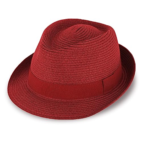 fiebig Jackson Trilby Papierhut mit farbigem Ripsband | Sonnenhut aus 100% Papier | Natur Sommerhut (55-S, Rot) von fiebig