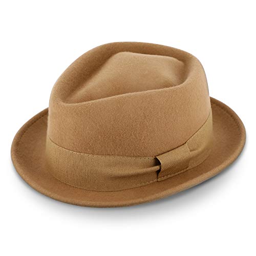 fiebig Medlock Pork Pie Diamond mit Ripsband | 100% Wollfilzhut für Damen und Herren | Angenehm Leichter Sitz im Sommer und Winter | Wollfilzhut Made in Italy (54-S, Camel) von fiebig