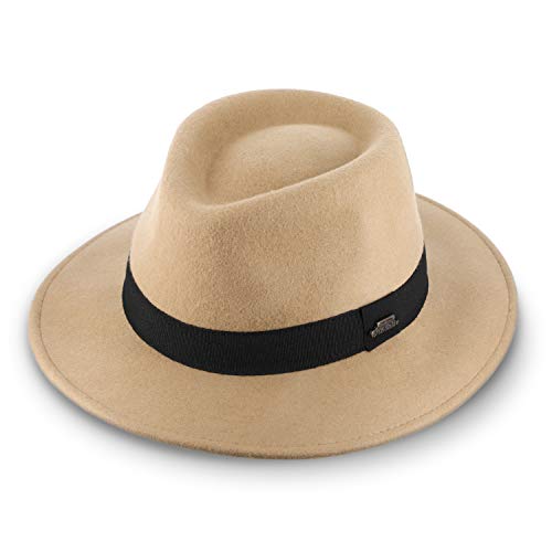 fiebig Purley Fedora Wollfilzhut | Klassischer Filzhut mit verstellbarem Innenband & Ripsbandgarnitur | Classic Hat Made in Italy (57-M, Beige) von fiebig