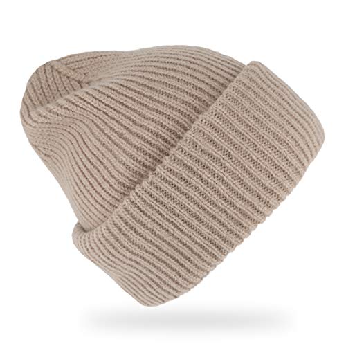 fiebig Tondi Oversize Strickmütze | Umschlagmütze aus Merino & Alpaka Wolle | One Size Rippenstrick Beanie Made in Germany (Beige) von fiebig