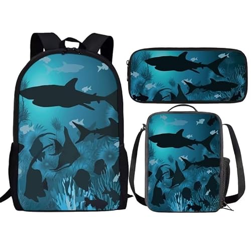 fifbird 3-in-1 Hai-Rucksack mit Lunchbox, Schulmäppchen-Set für kleine Mädchen, Jungen, Kinder, Geschenk zum Schulanfang, BAG3SET von fifbird