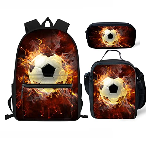 3-in-1 Hai-bedrucktes 3D-Tiertaschen-Set, leichter Schulrucksack, Lunch-Tasche, Tragetasche und Stiftebox für Kinder, Teenager, Jungen, Fire Soccer, Einheitsgröße, Tagesrucksäcke von fifbird