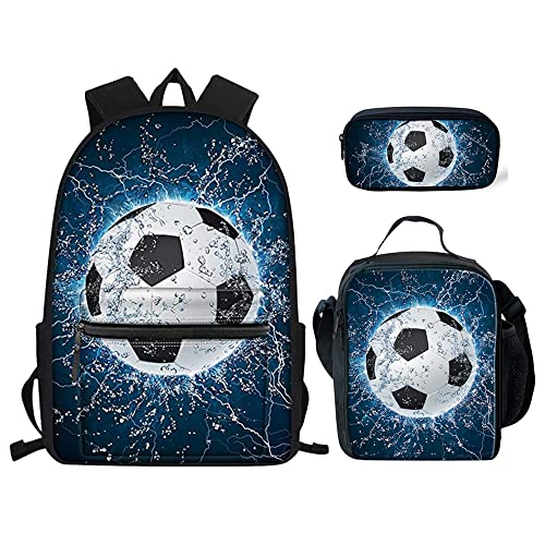 3-in-1 Hai-bedrucktes 3D-Tiertaschen-Set, leichter Schulrucksack, Lunch-Tasche, Tragetasche und Stiftebox für Kinder, Teenager, Jungen, Wasserfußball, Einheitsgröße, Tagesrucksäcke von fifbird