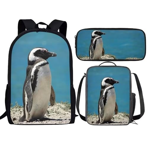 3-in-1-Pferde-Rucksack-Set für Mädchen, Kinder, Jungen, Schulanfang, Rucksack und Lunchtasche, Blaugrün, pinguin, Einheitsgröße, Tagesrucksäcke von fifbird