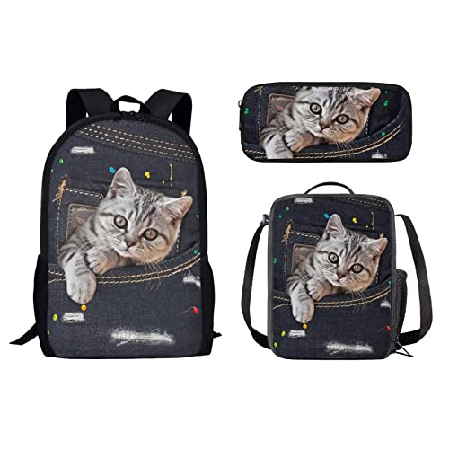 3-teiliges Schulrucksack-Set, Reisetasche mit isolierter Lunchbox und Federmäppchen für Mädchen, Jungen, Damen, Herren, Niedliches Haustier, Einheitsgröße, Tagesrucksäcke von fifbird