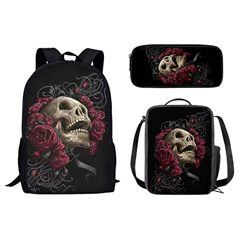 3-teiliges Schulrucksack-Set, Reisetasche mit isolierter Lunchbox und Federmäppchen für Mädchen, Jungen, Damen, Herren, Totenkopf-Rosen, Einheitsgröße, Tagesrucksäcke von fifbird