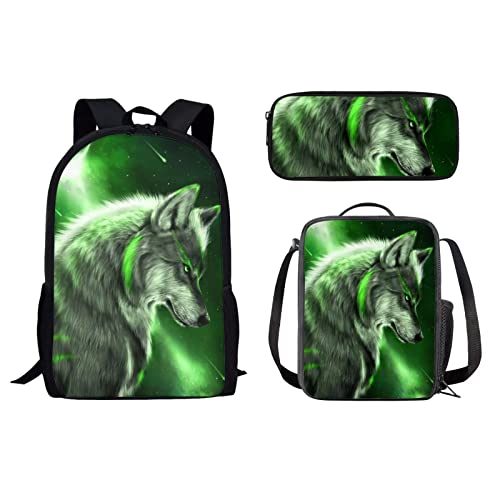 3-teiliges Schulrucksack-Set, Reisetasche mit isolierter Lunchbox und Federmäppchen für Mädchen, Jungen, Damen, Herren, Wolf Green Light, Einheitsgröße, Tagesrucksäcke von fifbird