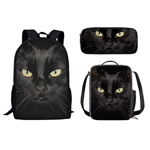 3-teiliges Schulrucksack-Set, Reisetasche mit isolierter Lunchbox und Federmäppchen für Mädchen, Jungen, Damen, Herren, schwarze katze, Einheitsgröße, Tagesrucksäcke von fifbird