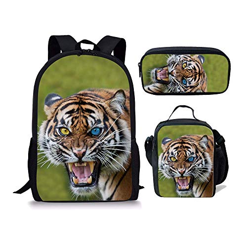 3-teiliges Set Schulrucksack + Essens-Lunch-Tasche + Federmäppchen für Kinder Wolf Cool, Tiger 2 Sets, Einheitsgröße, Tagesrucksäcke von fifbird