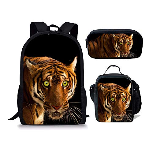 3-teiliges Set Schulrucksack + Essens-Lunch-Tasche + Federmäppchen für Kinder Wolf Cool, Tiger 4 Sets, Einheitsgröße, Tagesrucksäcke von fifbird