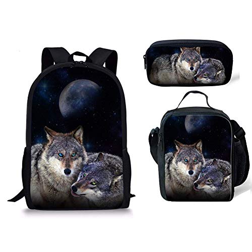 3-teiliges Set Schulrucksack + Essens-Lunch-Tasche + Federmäppchen für Kinder Wolf Cool, Wolf 3 Sets, Einheitsgröße, Tagesrucksäcke von fifbird