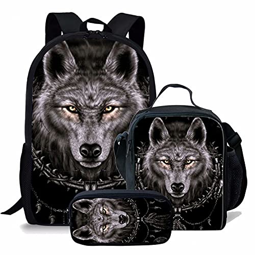 3-teiliges Tier-Schulrucksack-Set mit Lunch-Ttoe-Tasche, Federmäppchen für Kinder, Tiger-Schultaschen-Set für Studenten, großer Rucksack, Picknick-Tasche für Reisen, Wandern, Camping, Black Wolf, von fifbird
