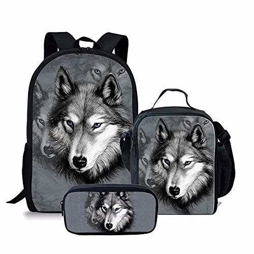 3-teiliges Tier-Schulrucksack-Set mit Lunch-Ttoe-Tasche, Federmäppchen für Kinder, Tiger-Schultaschen-Set für Studenten, großer Rucksack, Picknick-Tasche für Reisen, Wandern, Camping, Grauer Wolf, von fifbird