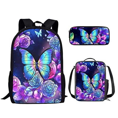 3-teiliges Tier-Schulrucksack-Set mit Lunch-Ttoe-Tasche, Federmäppchen für Kinder, Tiger-Schultaschen-Set für Studenten, großer Rucksack, Picknick-Tasche für Reisen, Wandern, Camping, Neon Butterfly, von fifbird