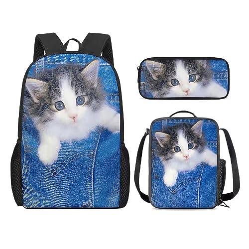 3-teiliges Violinen-Rucksack und Lunchtasche für Kinder, Musiknoten-Druck, Rucksack-Set für Mädchen von 5–12 Jahren, katze, Einheitsgröße, Tagesrucksäcke von fifbird