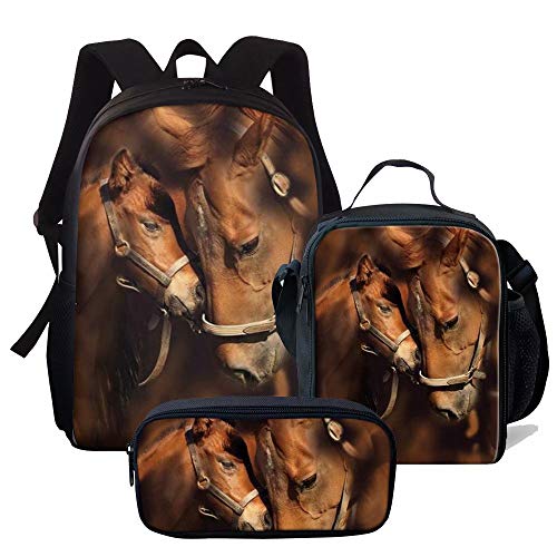 3D-Weltraum-bedruckter Schulrucksack für Mädchen, niedliches Laptop-Rucksack-Set, 3-teilig, für Damen, lässige Umhängetasche, Lunchtasche, Federmäppchen, Cool Horse-2, Einheitsgröße, Tagesrucksäcke von fifbird