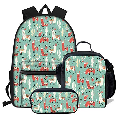 Alpaka-bedrucktes Schulrucksack-Set für Mädchen und Jungen, Rucksack mit Lunchbox, Federmäppchen, Kinder-Büchertasche, Schultaschen für Mädchen, Grundschüler, Schultasche, 3-in-1-Set, Alpaka-1 (3 von fifbird