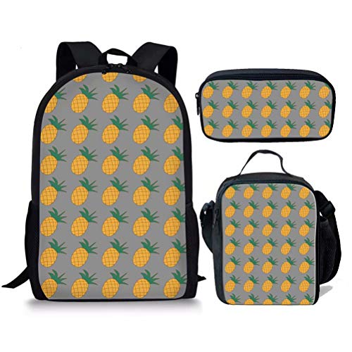 Ananas-Schultasche, Lunchbox, Federmäppchen-Set, 3-teilig, niedlich, personalisierbar, 43,2 cm, Rucksack für Damen und Mädchen, Ananas, Grau, Einheitsgröße, Tagesrucksäcke von fifbird