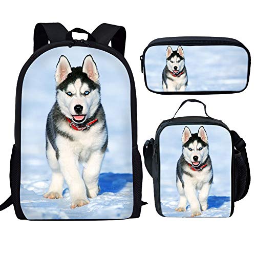 Baseball-Schultaschen für Kinder, mit Lunchtasche, Set für Kinder, 3-teilig, Kinderrucksack-Set, Büchertasche, Lunchbox, Federmäppchen, Husky-Hund, Einheitsgröße, Tagesrucksäcke von fifbird