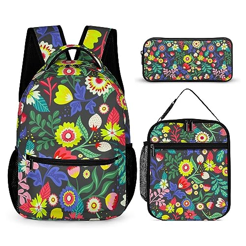 Blumenrucksack-Set für Kinder, 3-teilig, Teenager, Jungen, Schultasche mit Thermo-Lunchboxen, Stifthalter, TT, Einheitsgröße, Tagesrucksäcke von fifbird