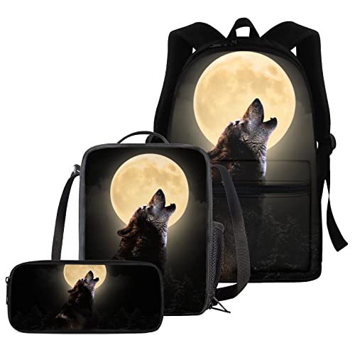 Böhmisches Wolfs-Schultaschen-Set für Kinder, große Büchertaschen, 3-in-1, Tierwolf-Rucksack mit Federmäppchen, Reißverschluss, Schreibwaren-Tasche, Reise-Picknick-Lunchbox für Jungen und Mädchen, von fifbird