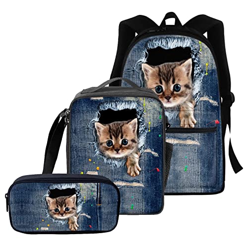 Böhmisches Wolfs-Schultaschen-Set für Kinder, große Büchertaschen, 3-in-1, Tierwolf-Rucksack mit Federmäppchen, Reißverschluss, Schreibwaren-Tasche, Reise-Picknick-Lunchbox für Jungen und Mädchen, von fifbird