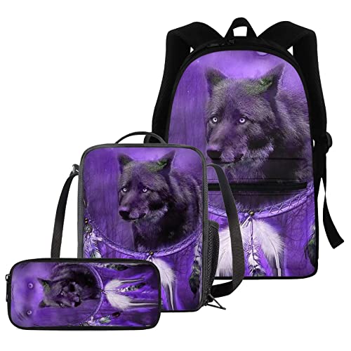 Böhmisches Wolfs-Schultaschen-Set für Kinder, große Büchertaschen, 3-in-1, Tierwolf-Rucksack mit Federmäppchen, Reißverschluss, Schreibwaren-Tasche, Reise-Picknick-Lunchbox für Jungen und Mädchen, von fifbird