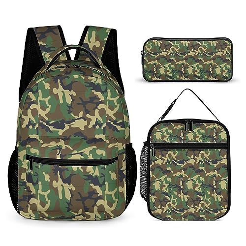 Camouflage-Rucksack-Set für Kinder, 3-teilig, Teenager, Jungen, Schultasche mit Thermo-Lunchboxen, Stifthalter, Tt-10, Einheitsgröße, Tagesrucksäcke von fifbird