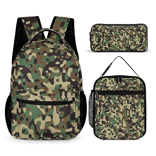 Camouflage-Rucksack-Set für Kinder, 3-teilig, Teenager, Jungen, Schultasche mit Thermo-Lunchboxen, Stifthalter, Tt-14, Einheitsgröße, Tagesrucksäcke von fifbird