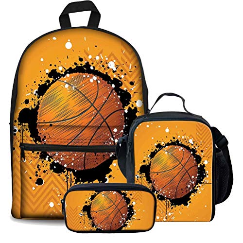 Damen Herren Rucksack Rucksack Set Laptopfach Schultasche für Kind High School College Studenten mit Flamme Basketball Design Bleistifthalter 3 Stück Sets, Muster 1 (3 Stück), Einheitsgröße, von fifbird