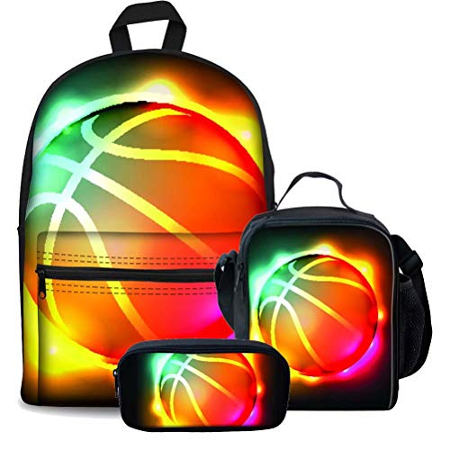 Damen Herren Rucksack Rucksack Set Laptopfach Schultasche für Kind High School College Studenten mit Flamme Basketball Design Bleistifthalter 3 Stück Sets, Muster: 3 Stück, Einheitsgröße, von fifbird